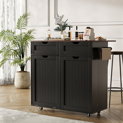 Chariot pour îlot de cuisine roulant avec comptoir rabattable et rangement caché pour les ordures