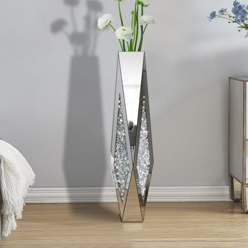 25.6" Tall Crushed Diamond Floor Vase, Unique Shape Silver Large Vases For Decor Living Room, Crystal Mirrored Home Decor Vases For Dried Flower