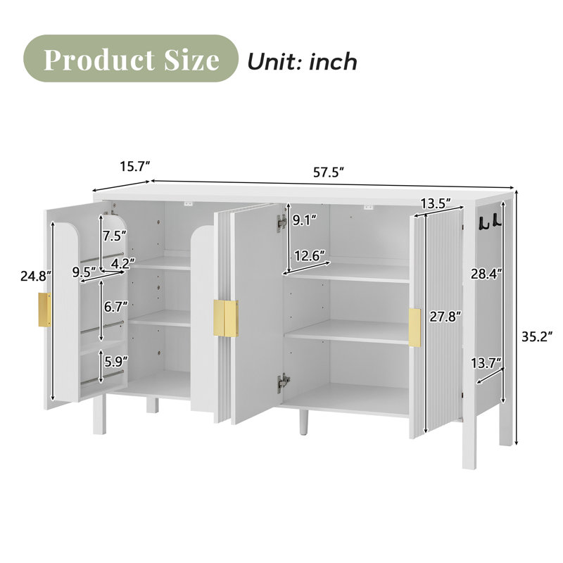 57.5" W 4-door 4-shelf Wood Storage File Cabinet Credenza, White