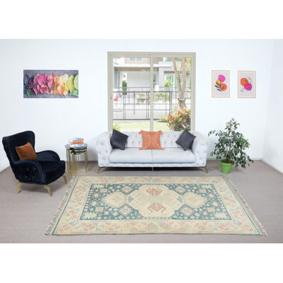Tapis turc rétro unique fait à la main avec des couleurs douces