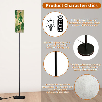  68.5" Standing Floor Lamp Tropical floral foliage palm leaves beige Exotic jungle Dimmable Metal Pole Lamp with Linen Lampshade LED Bulb Included