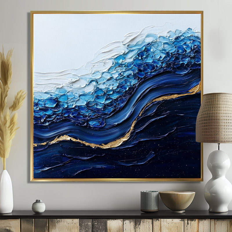 Abstrait aqua abstrait de l'inconnu - Art mural abstrait, Impression encadrée flottante, H 16 po x l 16 po, Doré
