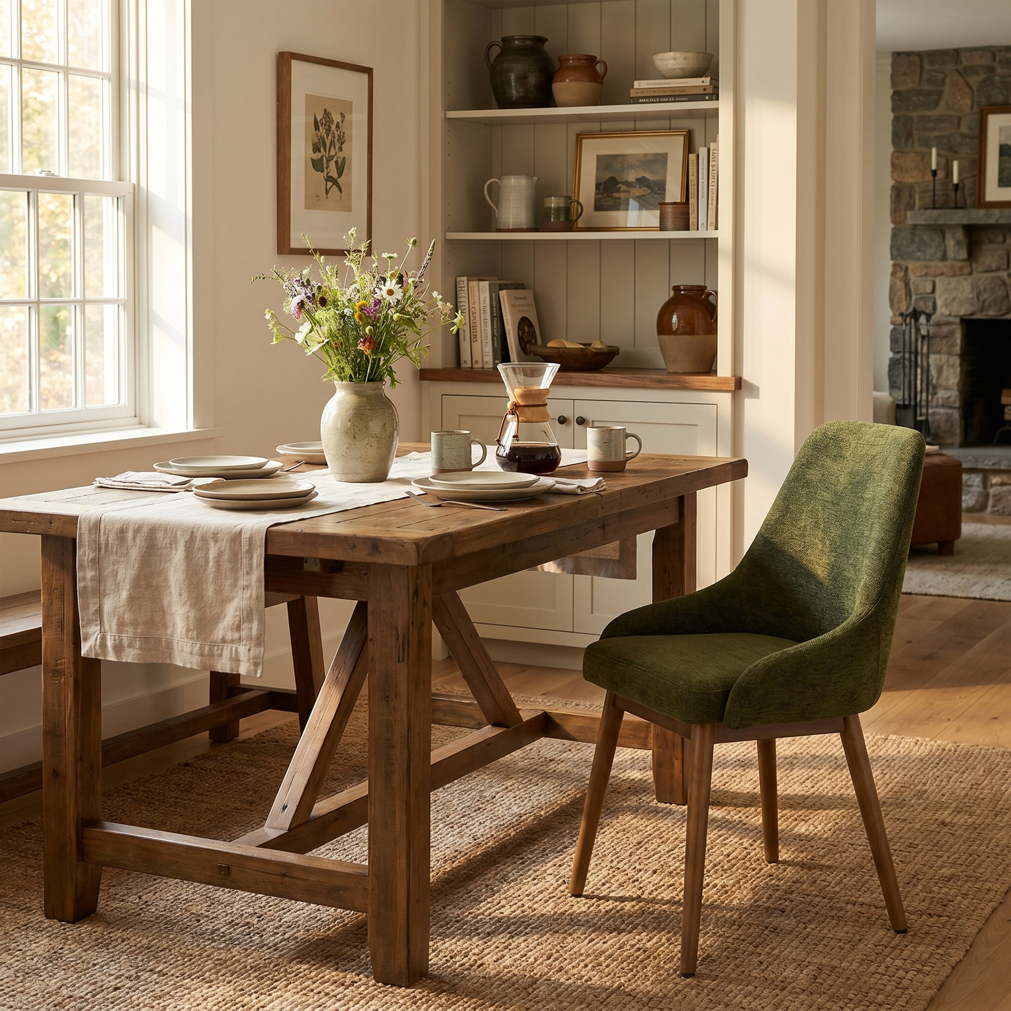 Comfortable Dining Chair With Soft Seat & Wood Legs For Kitchen And Dining Room,  Green Chenille