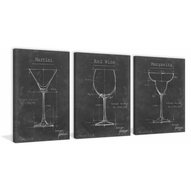 « articles bar blueprints x triptyque », ensemble de 3 reproductions d’art sur toile, H 30 po x l 20 po x L 1,5 po