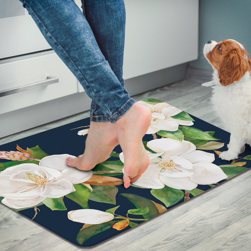 Magnolia Motif Navy and White Vinyl Comfort Kitchen Floor Mat