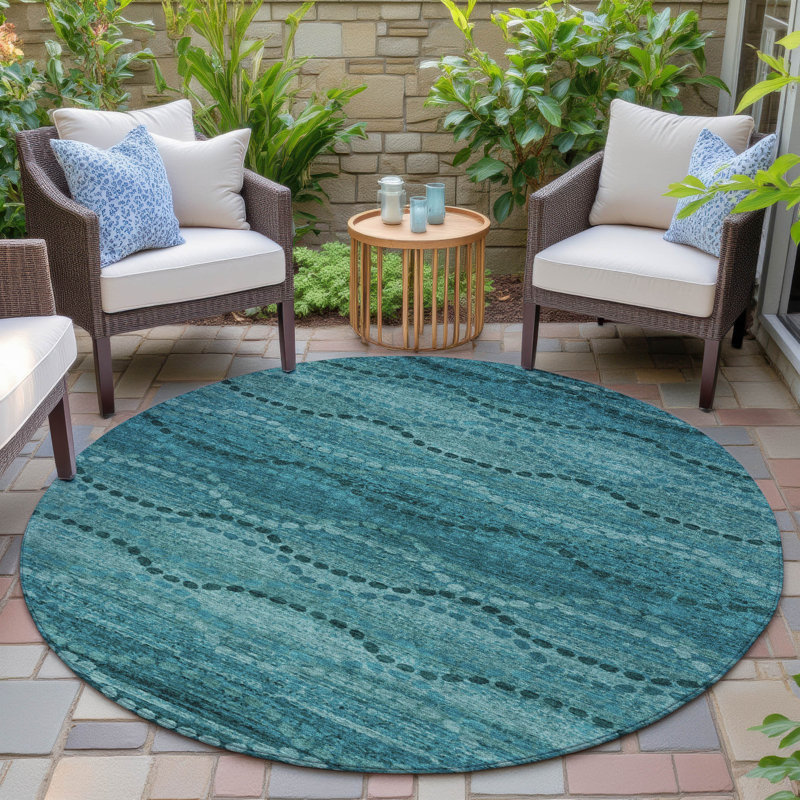 Machine Washable Indoor/Outdoor Xhevrie Turquoise Rug, Round 8'