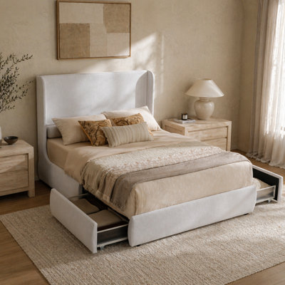 King Ivory Canvas Upholstered Wingback Bed Frame with Storage Drawers, 52” Tall Cushioned Headboard, Soft Edges, Low Profile Platform Bed, Sturdy Wood Slats, No Box Spring Needed