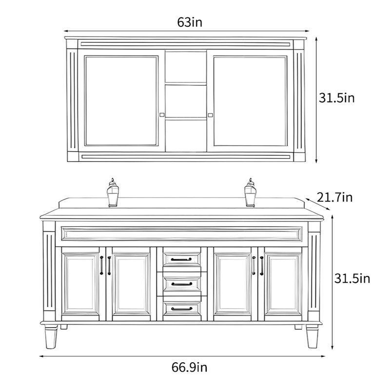 Meuble-lavabo sur pied brun américain, H 31,5 po x l 66,9 po x P 21,7 po