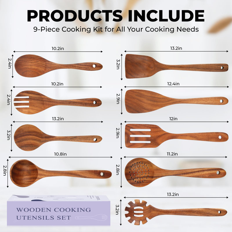 9-Piece Natural Teak Wooden Cooking Utensil Set