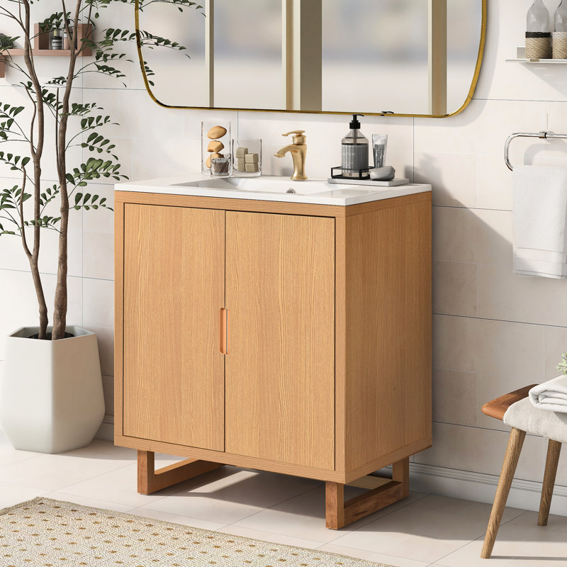 Meuble-lavabo de 30 po avec lavabo et armoire - grand rangement, cadre en bois massif, portes à fermeture douce, bois au design minimaliste, tapis de sol Scratch, rangement élégant