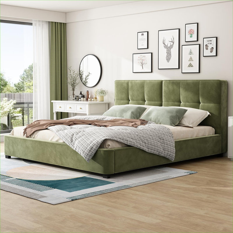 Structure de lit tapissier en velours pour lit très grand lit, vert classique avec tête de lit capitonnée incurvée pour chambre à coucher résidentielle