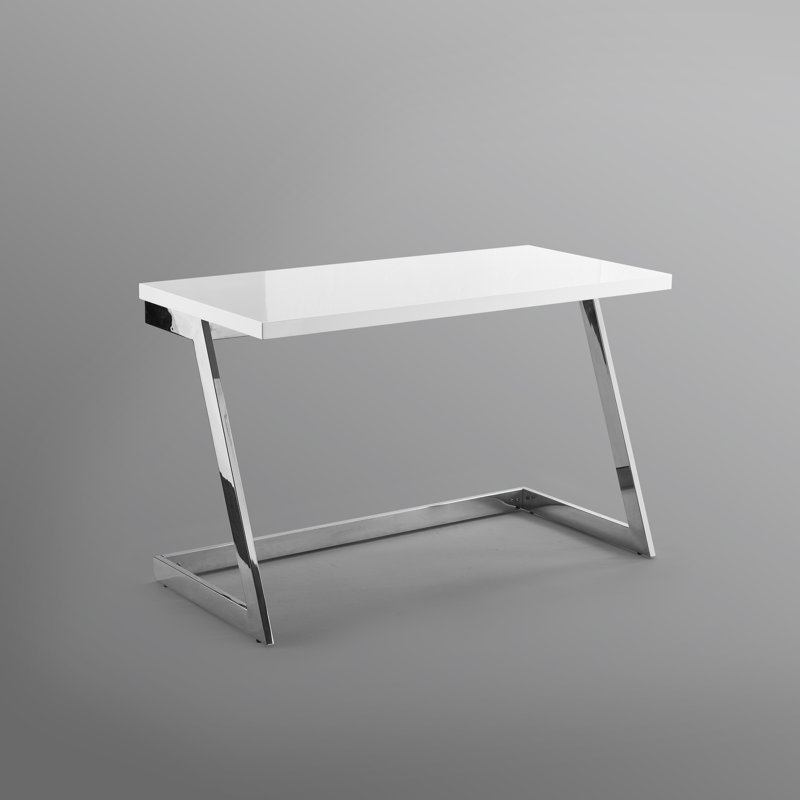 Bureau d'écriture avec plateau laqué Malana, Blanc / Chrome