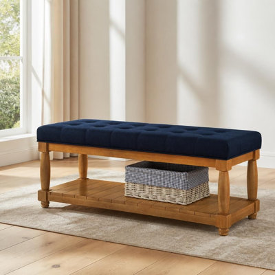 Banc rembourré capitonné en lin avec tablette de rangement fonctionnelle et pieds en bois massif, sièges d'appoint polyvalents, sièges confortables robustes et assemblage facile