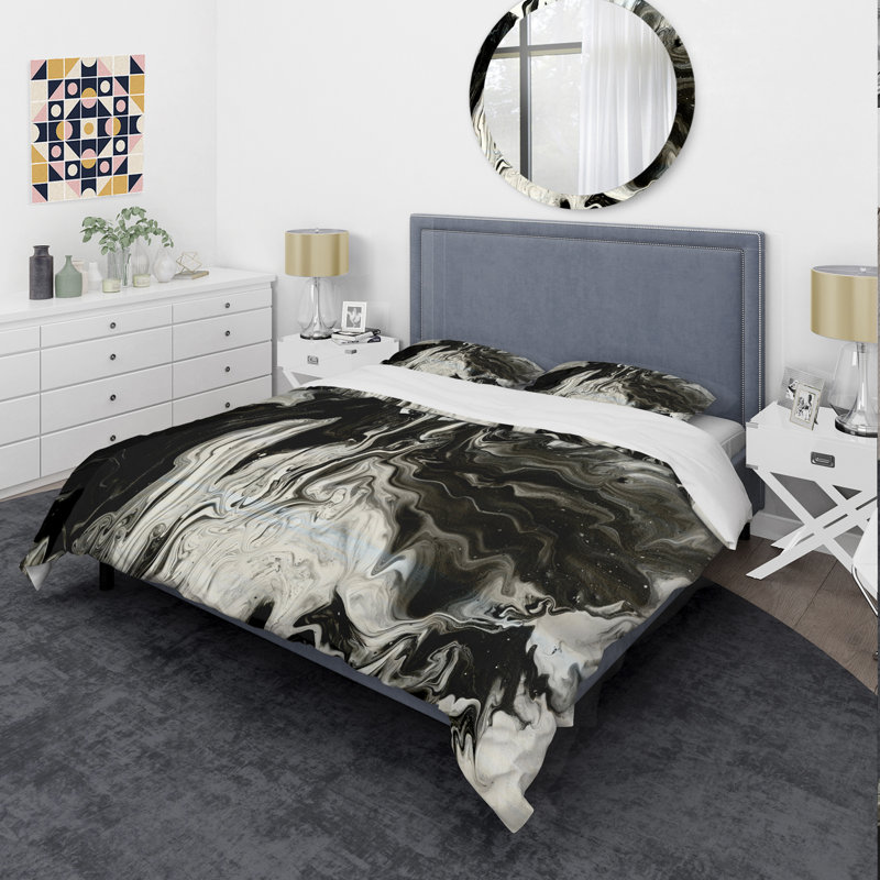 Ensemble de housse de couette moderne et contemporain - acrylique blanc, gris et marbre blanc III, Noir/blanc