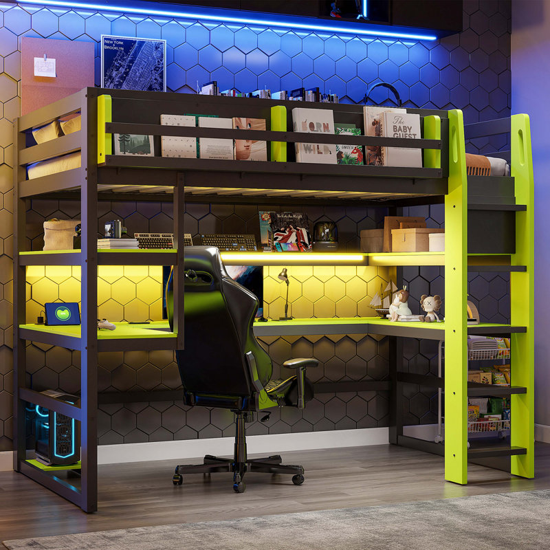 Lit mezzanine en bois avec bureau, support de rangement latéral, tablettes multiples et lumière RVB, Twin, Vert