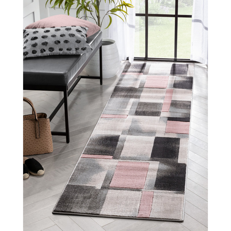 Cillan Modern Geometric Boxes 3D Textured Rug, Runner 2'7" x 9'10", Blush Pink
