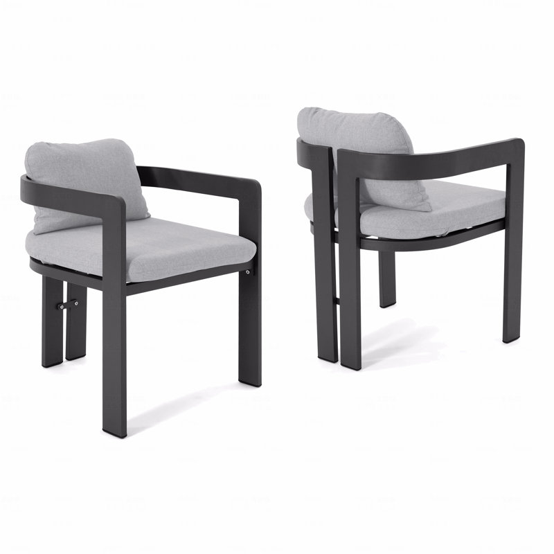 Set Of 2 Outdoor Patio Dining Chair, Aluminum Black Finish With Grey Cushion, Light Gray