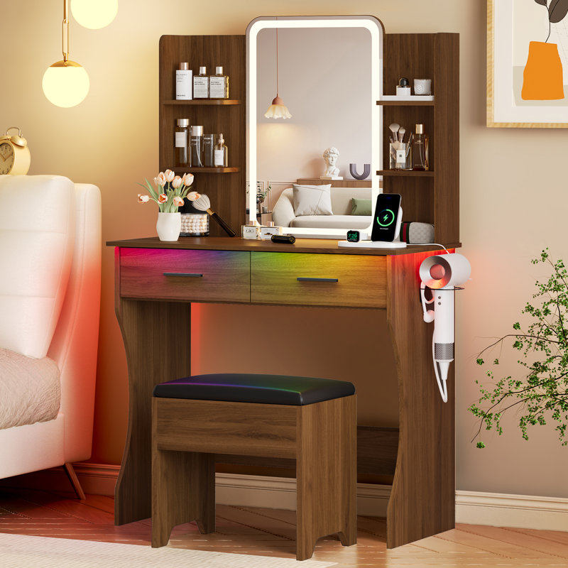 Lacorsha Makeup Vanity Set with LED Mirror ,Vanity Desk Stool with Power Outlet,2 Drawers,6 Shelves with Brightness Lighting, 1 Hair Dryer Holder
