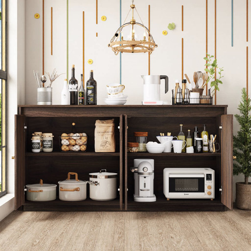 Buffet 4 portes UnaNoxa avec prise de courant et conception sans poignée, Walnut