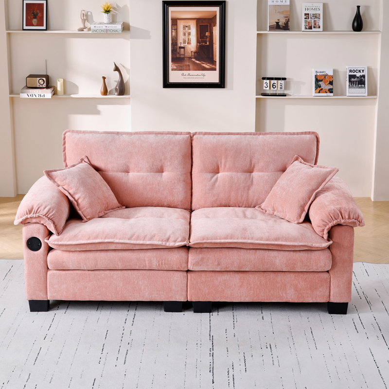 Causeuse en chenille 74,41 po avec chargement USB et poches de rangement latérales, Rose
