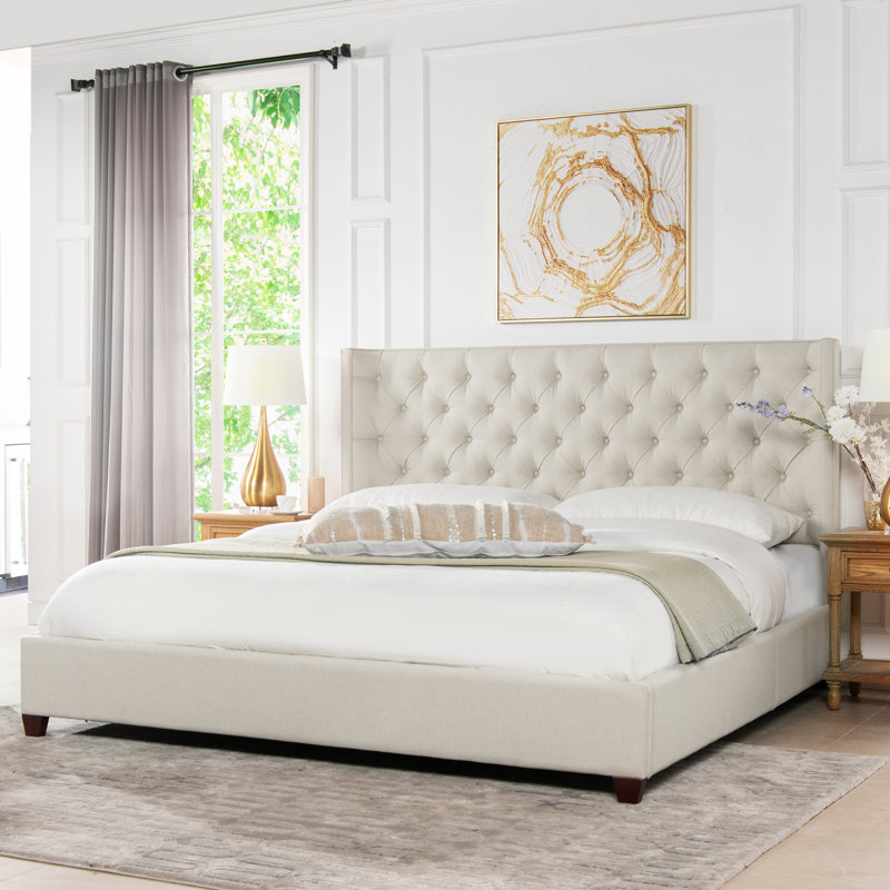 Naveen King Tufted Upholstered Platform Bed, Light Beige Linen