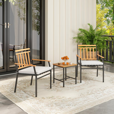 3 Pieces Acacia Wood Bistro Set Patio Conversation Set With Cushions And Coffee Table Outdoor Bistro Table And Chairs Set by Gracie Oaks