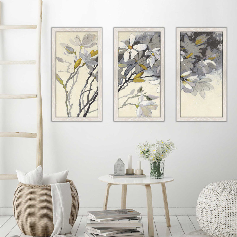 Magnolias jaune gris - peinture de cadre photo 3 pièces, L 40,5 po x H 25,5 po x P 1 po