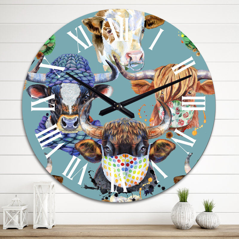 Horloge murale à taureaux colorés sur fond bleu, Surdimensionné