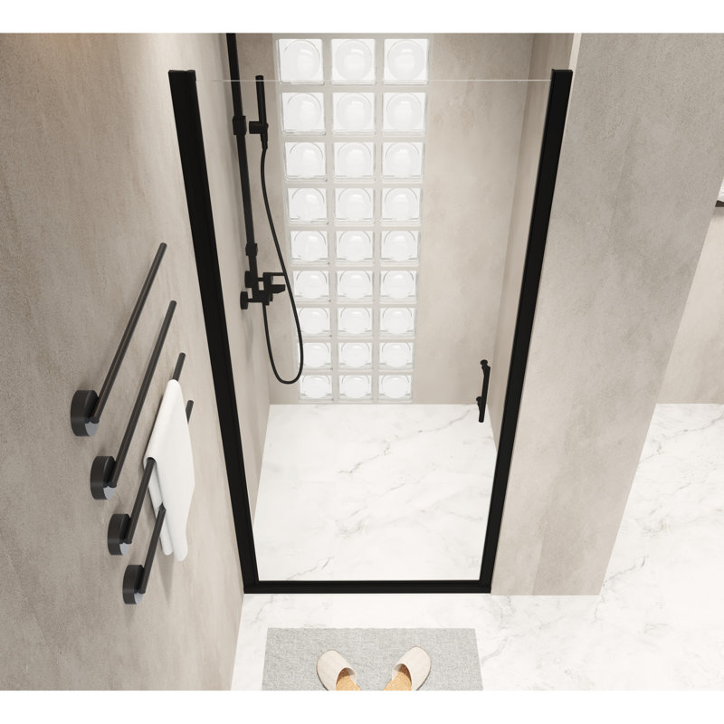 28"X72" Tempered Glass Pivot Shower Door In Matte Black Aluminum Frame, Stainless Steel Handle, Smooth - Operating Swing Design, Water Separation For Bathroom Maintenance 28X72 Inch With Function,