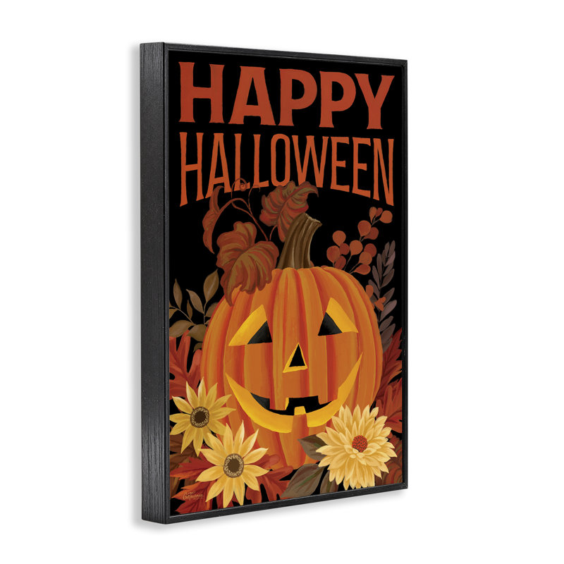 «Happy Halloween» citrouille florale giclée, design par Cat Thurman Designs, H 18 po x l 12 po, Giclée encadrée noir minuit
