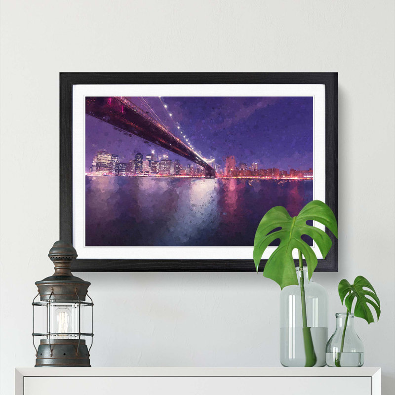 Brooklyn Bridge in New York City in Abstract - Picture Frame Painting Print, 27cm H x 36cm W x 2cm D, Black Framed
