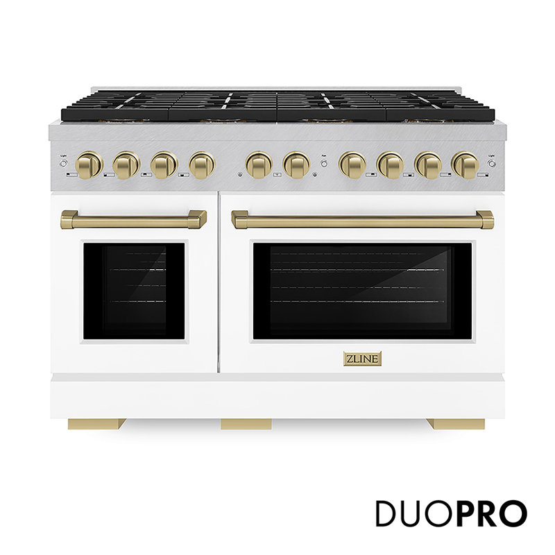 ZLINE Autograph Edition 48 in. 6.7 cu. ft. Paramount Gas Range W/ 8 Burner DuoPro Cooktop and Dual Ovens in Satin Stainless Steel W/ White Matte Doors and Polished Gold Accents