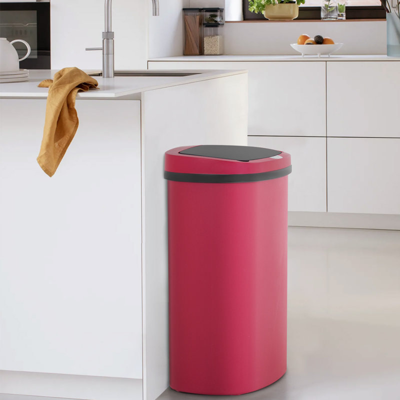Red Brushed Plastic Touchless Rectangular Kitchen Trash Can