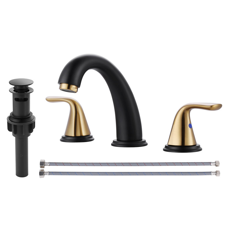 Aleasha Widespread Bathroom Sink Faucet, 3 Hole Faucet With Pop-Up Drain, Black/Gold