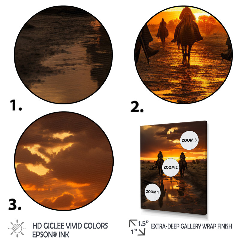 «Western Sunset Riders Portrait II», reproduction sur toile, Cadre flottant noir, H 20 po x l 12 po x P 1 po