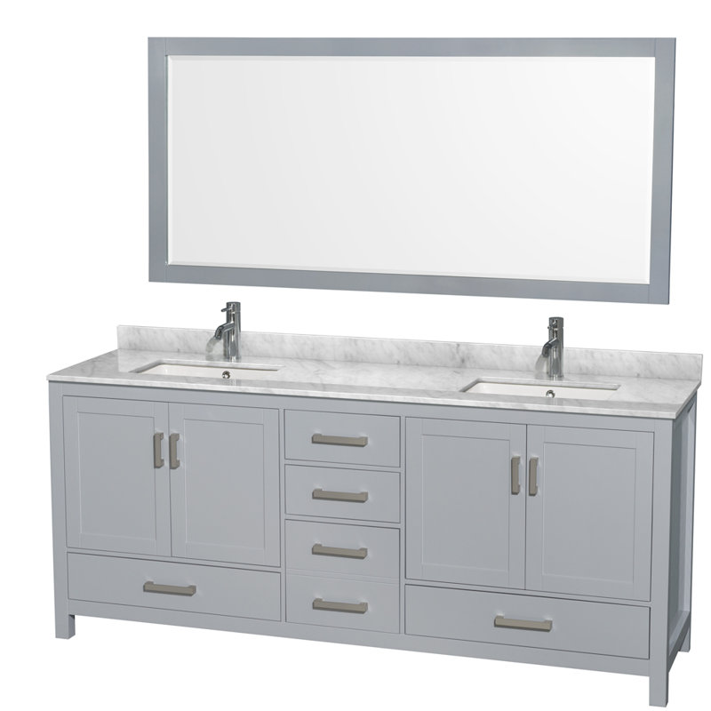 Sheffield 80" Freestanding Double Bathroom Vanity with Marble Top with 70" Mirror, Brushed Chrome, Gray