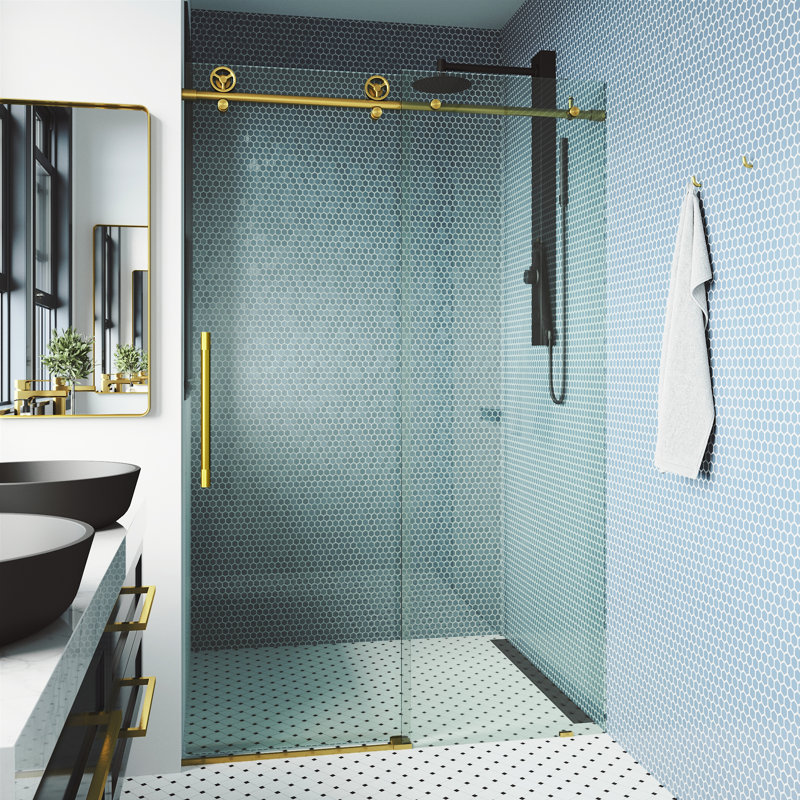 Porte de douche coulissante sans cadre avec verre transparent 3/8 po l 68-72 po x H 76 po Cass, Doré
