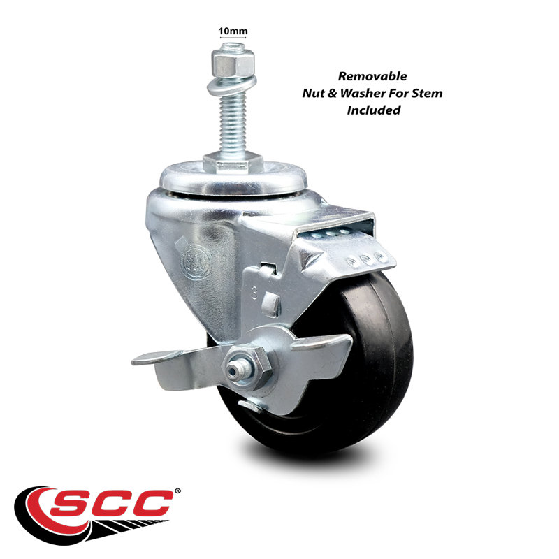 Roue de 3,5 po à roue en caoutchouc pivotante rigide de 10 mm avec frein SCC