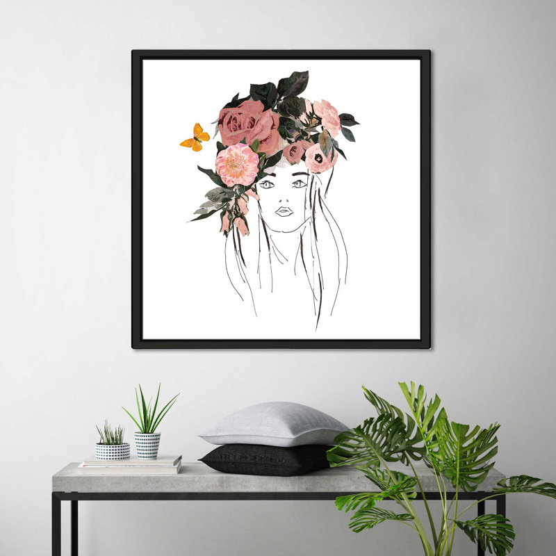 Tête avec fleurs roses (carré) par Patricia Pinto, reproduction, Cadre flottant noir, H 21,5 po x l 21,5 po x P 2 po