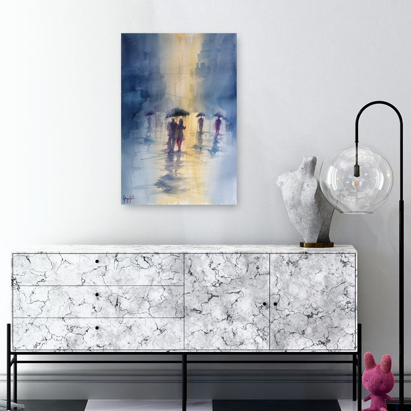 «Rainy City Umbrellas Impressionist Peaceful Romantic City», reproduction d'art mural, 36" H x 24" W