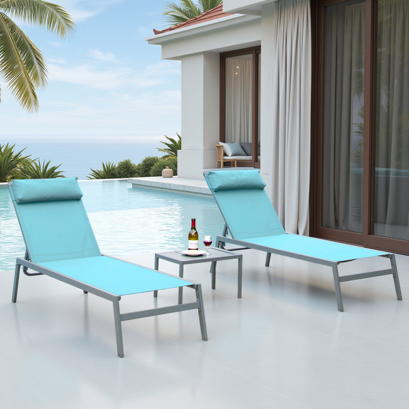 Ensemble de chaises longues de patio 3 pièces Lake Blue, chaises de piscine réglables en aluminium avec table d'appoint