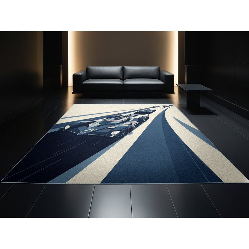 Machine Washable Aguilar Endurance Racing Scene Modern Rug in Beige – SkyBlue Binding, 5x7