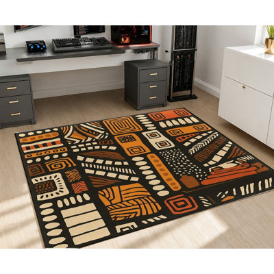 Modern Abstract Geometric Area Rug, Black Orange White Ethnic Pattern, Soft Durable, Machine Washable Non-Slip Floor Mat, Stylish Indoor Home Decor for Living Room, Bedroom, Entryway, Dining Room, Balcony, Hallway, Apartment