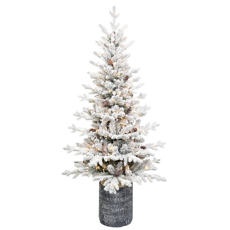 Arbre de Noël artificiel en pot pré-éclairé avec pommes de pin et lumières DEL chaudes, H 4,5 pi
