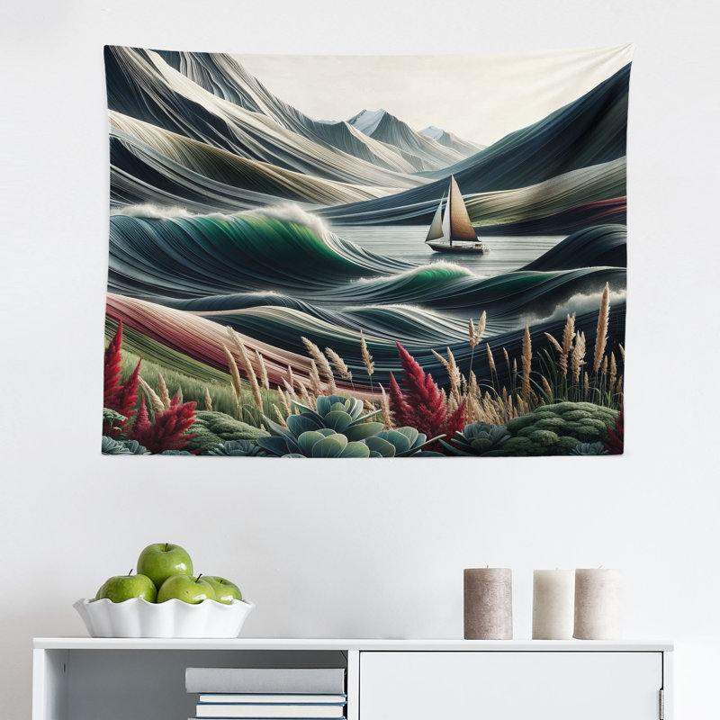 Highland Dunes Nautical Wall Hanging Tapestry Surreal Waves Boho Botany Sepia Green and Ruby, H 30 po x l 45 po