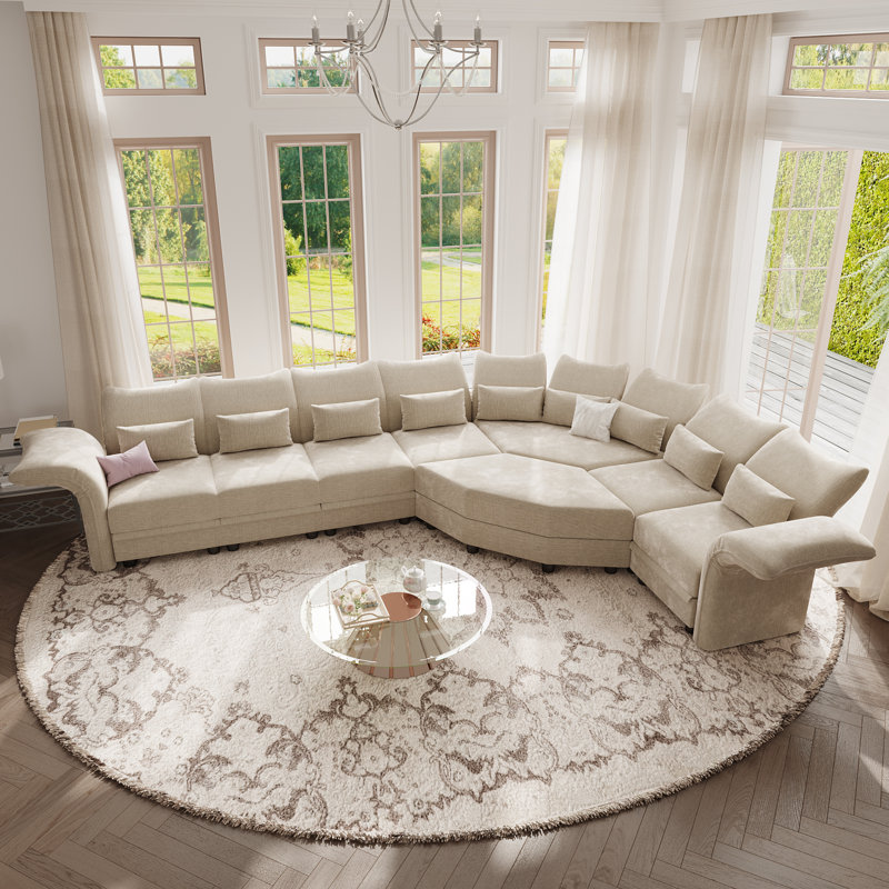Ahren 8 - Piece Upholstered Chenille Modular L-Shaped Corner Sectional Sofa With Ottoman, Beige Chenille