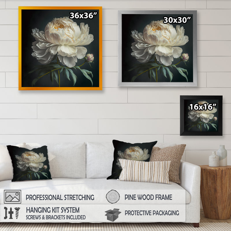 Blooming White Peony V - Art mural pivoine, Toile avec cadre photo, H 16 po x l 16 po, Doré