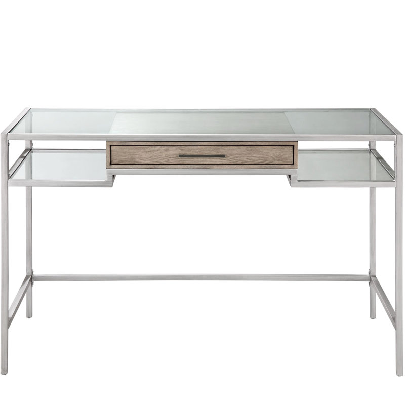 Bureau d'écriture en métal argenté et verre trempé, tiroir de finition pour bureau personnel chic avec plateau en verre