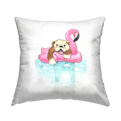 Bulldog in Pool Float Outdoor Printed Pillow by Geoff Allen