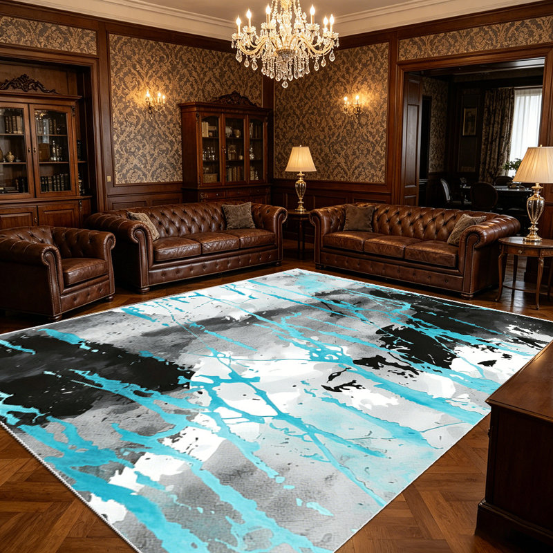1PC Modern Abstract Teal Black White Drip Watercolor Art area rugs for Living Room, Soft, All seasons, Easy-maintain, Washable Indoor mat, Farmhouse suitable for for dining room, bedroom, kitchen entryway...